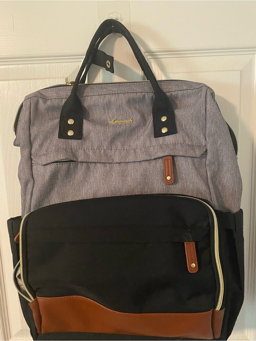 Gray and Black Men's Backpack with Brown Accents
